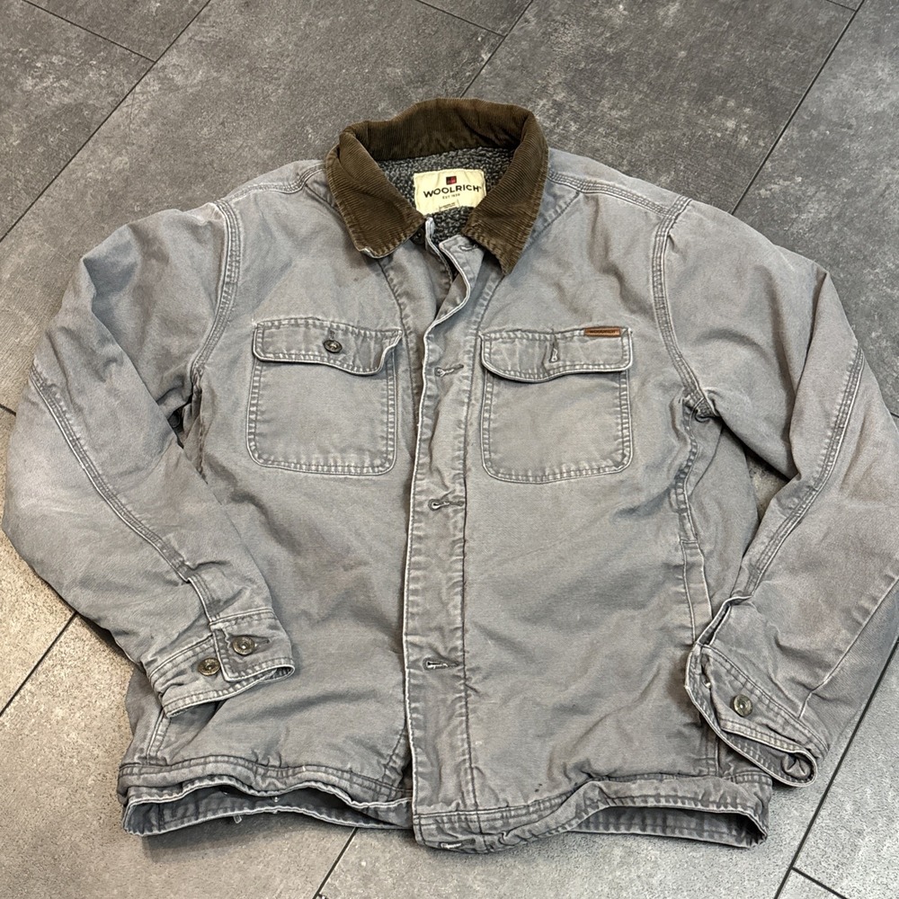 Woolrich Sherpa Barn Chore Denim Trucker Worker Cotton Cord Jacket M Grey
